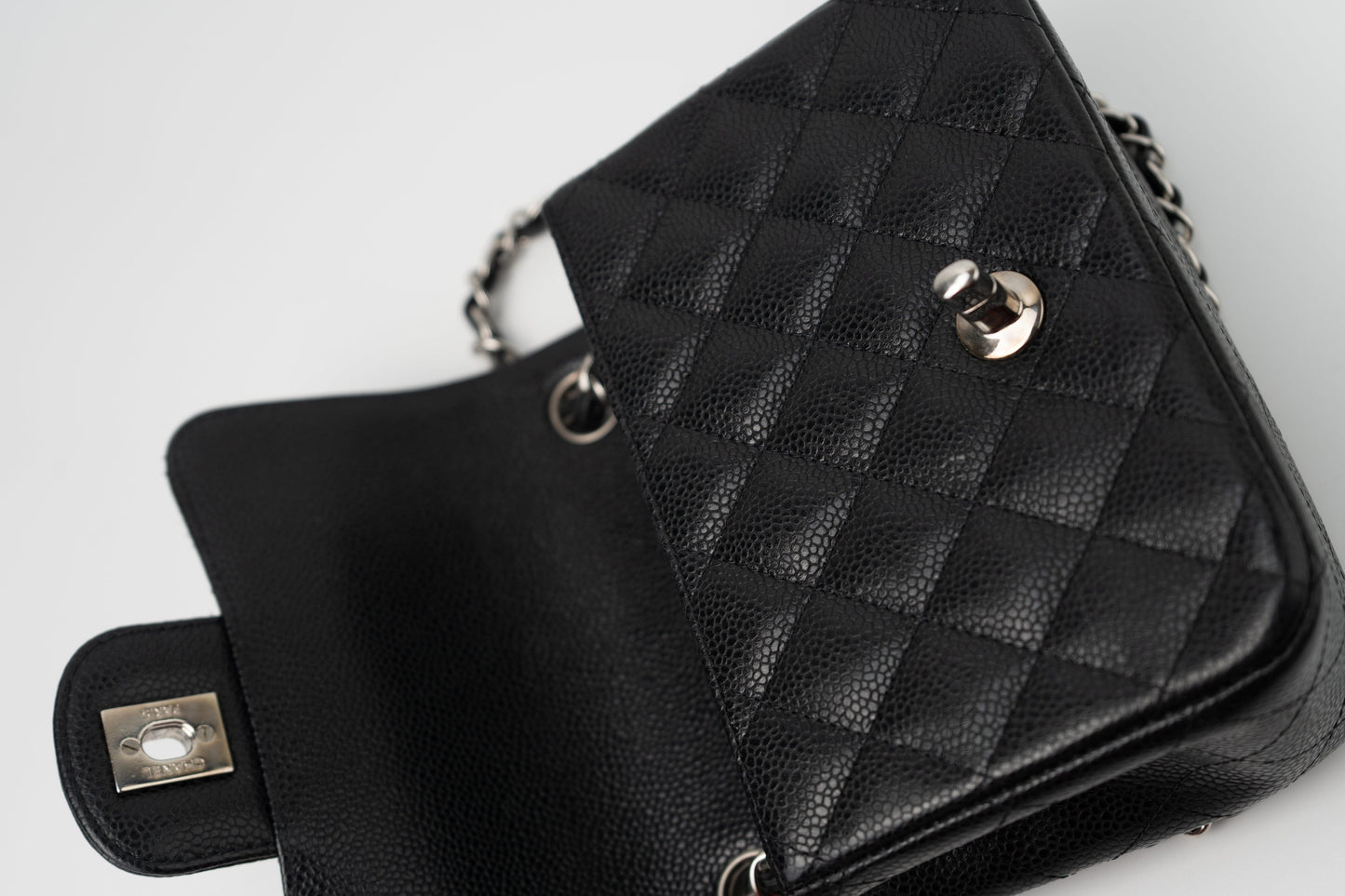Black Mini Square Caviar Quilted Single Flap SHW