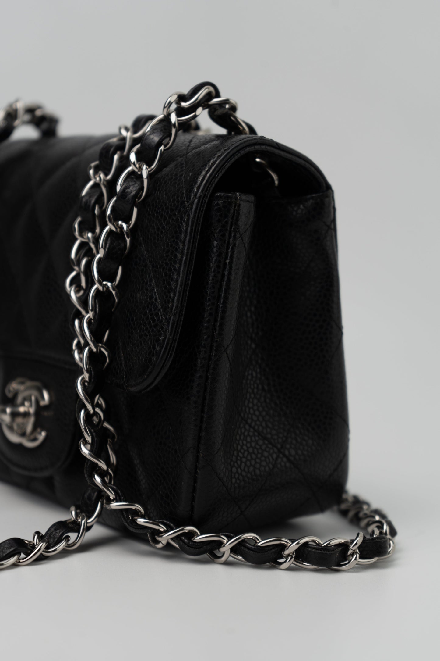 Black Mini Square Caviar Quilted Single Flap SHW