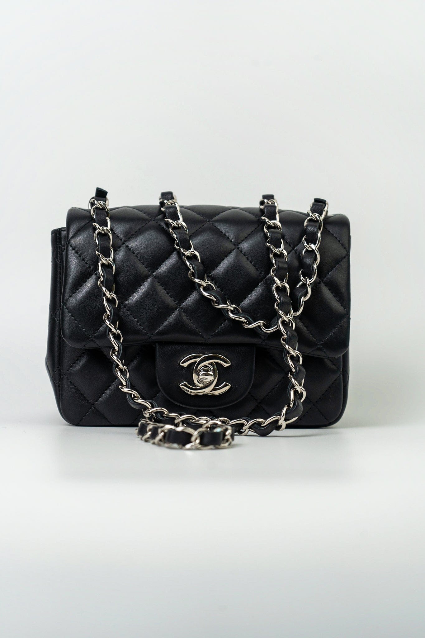 Black Mini Square Lambskin Quilted Flap Silver Hardware