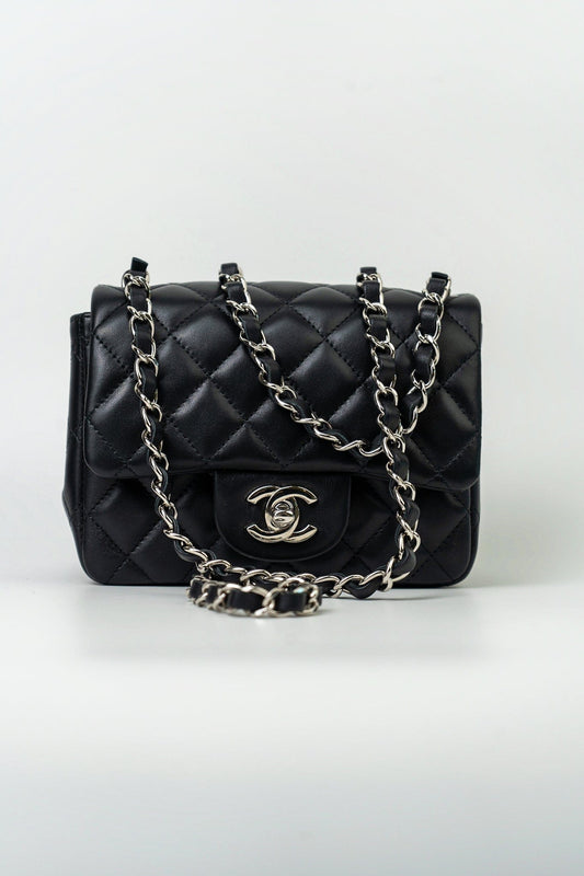 Black Mini Square Lambskin Quilted Flap Silver Hardware