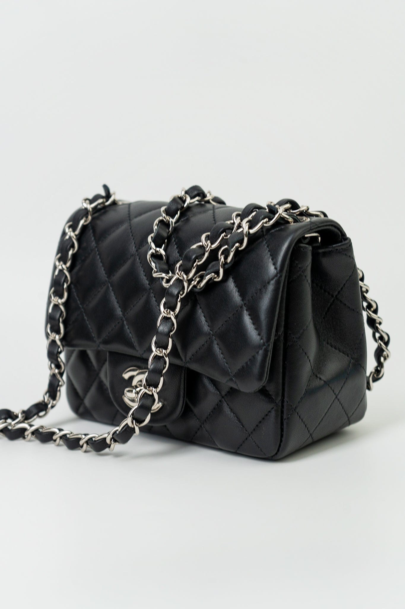 Black Mini Square Lambskin Quilted Flap Silver Hardware