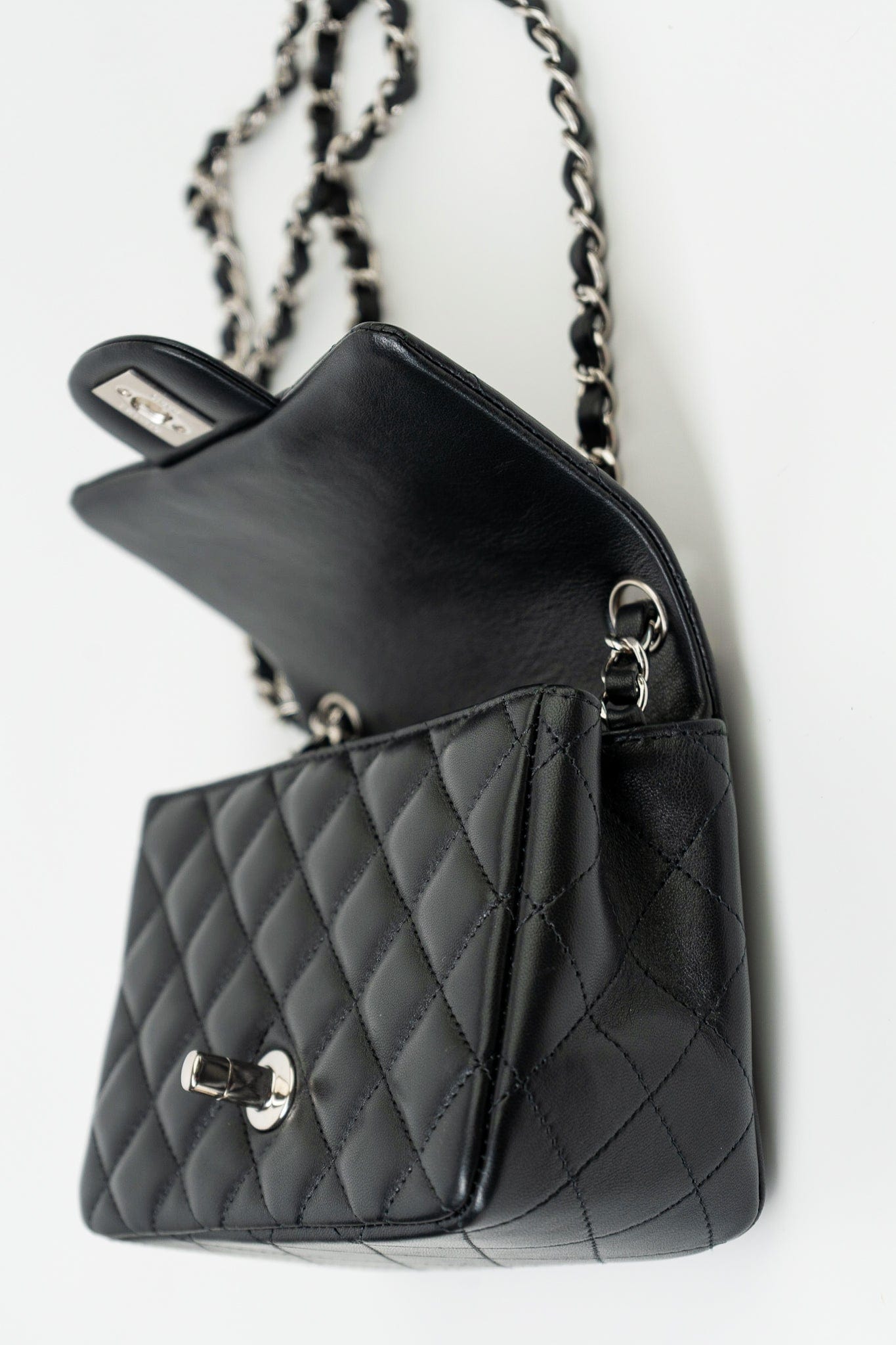 Black Mini Square Lambskin Quilted Flap Silver Hardware