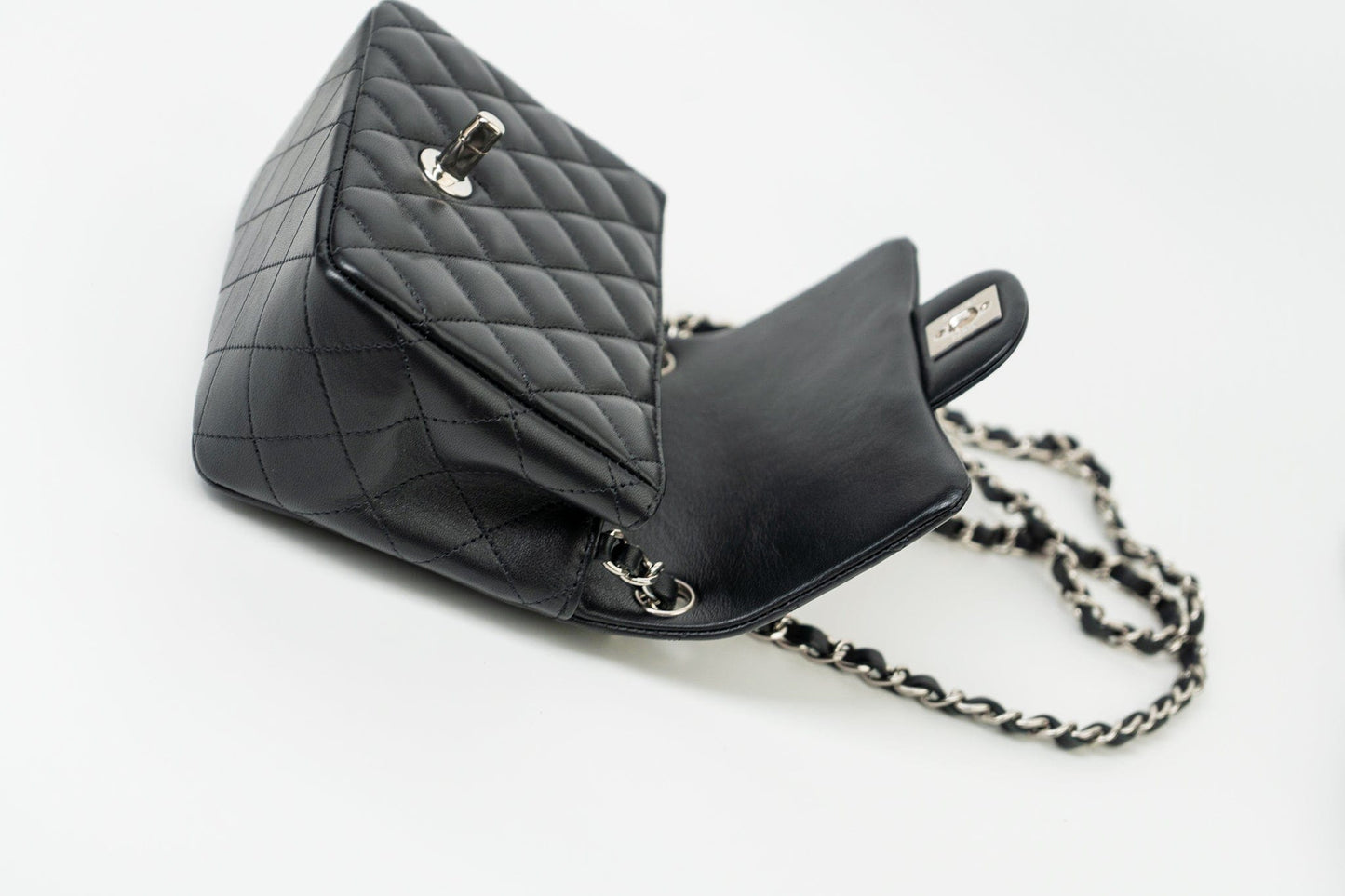 Black Mini Square Lambskin Quilted Flap Silver Hardware