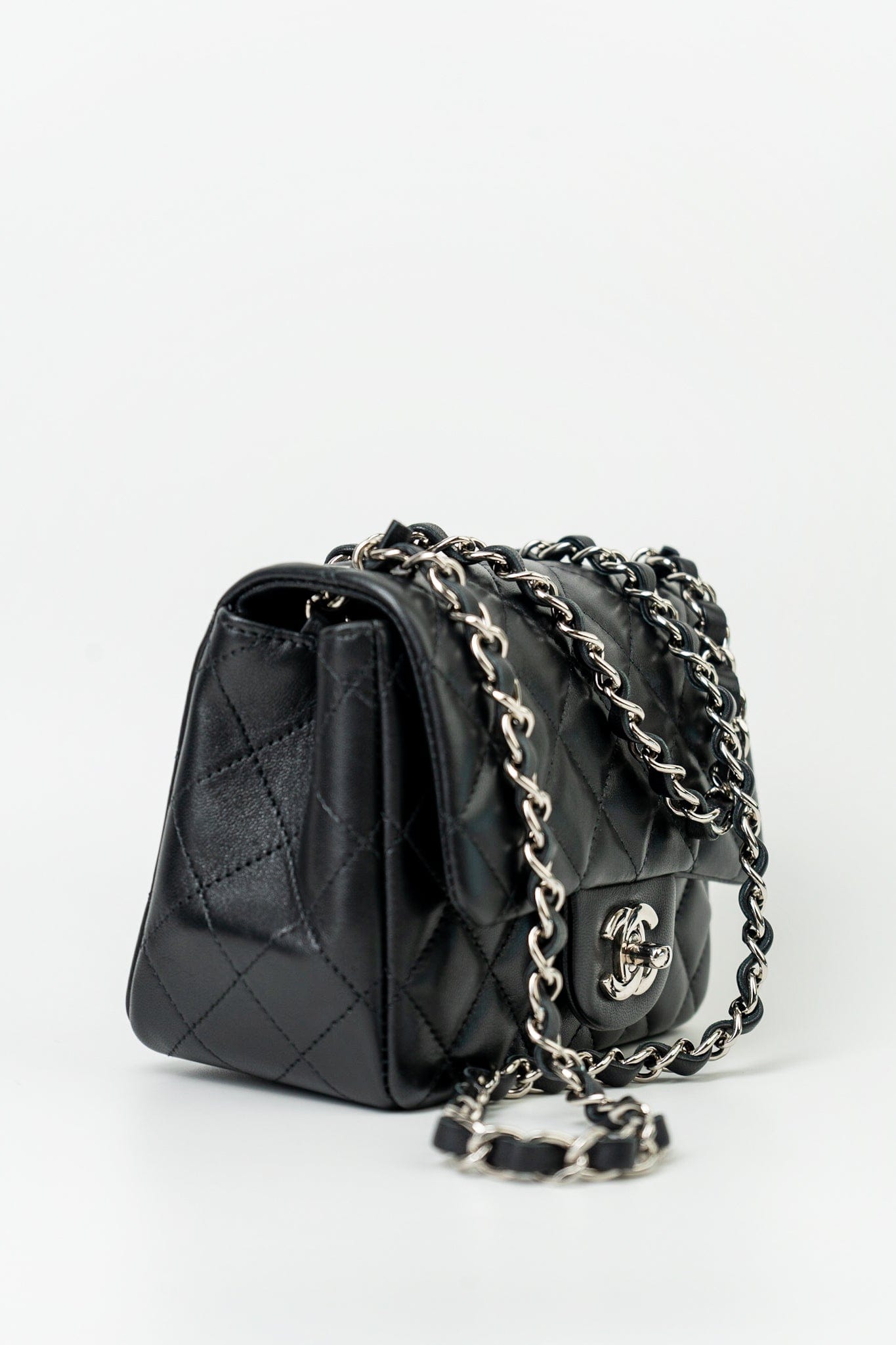 Black Mini Square Lambskin Quilted Flap Silver Hardware
