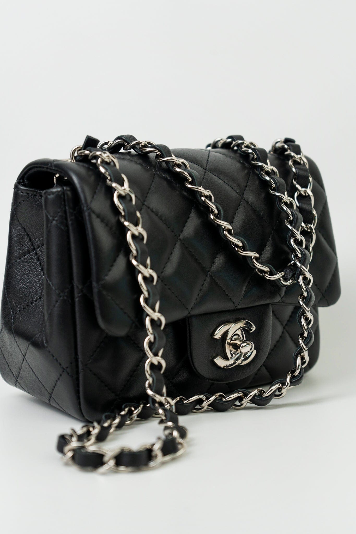 Black Mini Square Lambskin Quilted Flap Silver Hardware