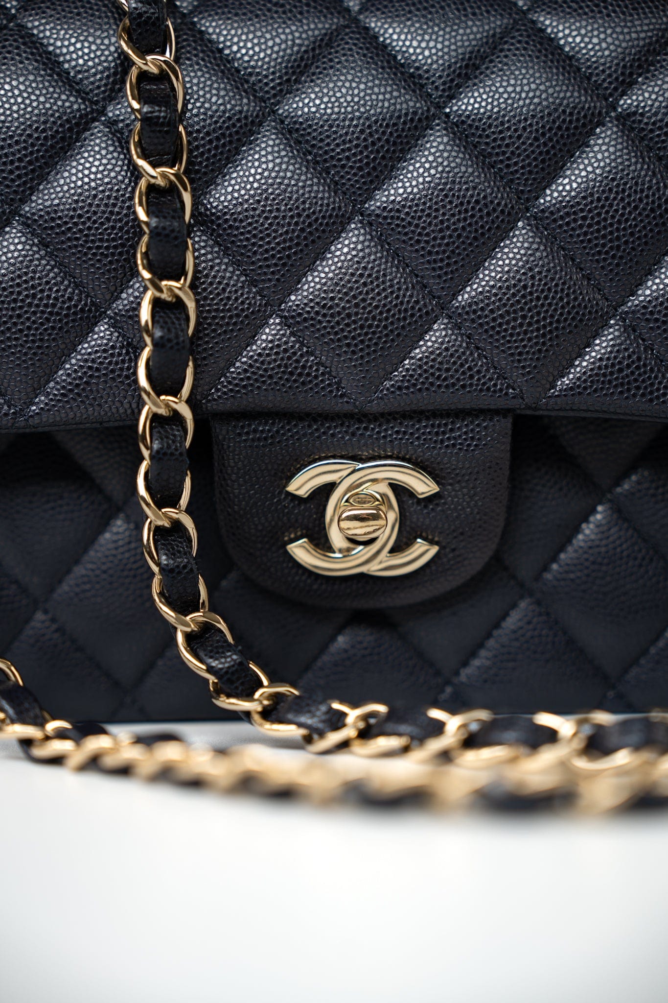 Navy Caviar Quilted Classic Flap Medium Light Gold Hardware