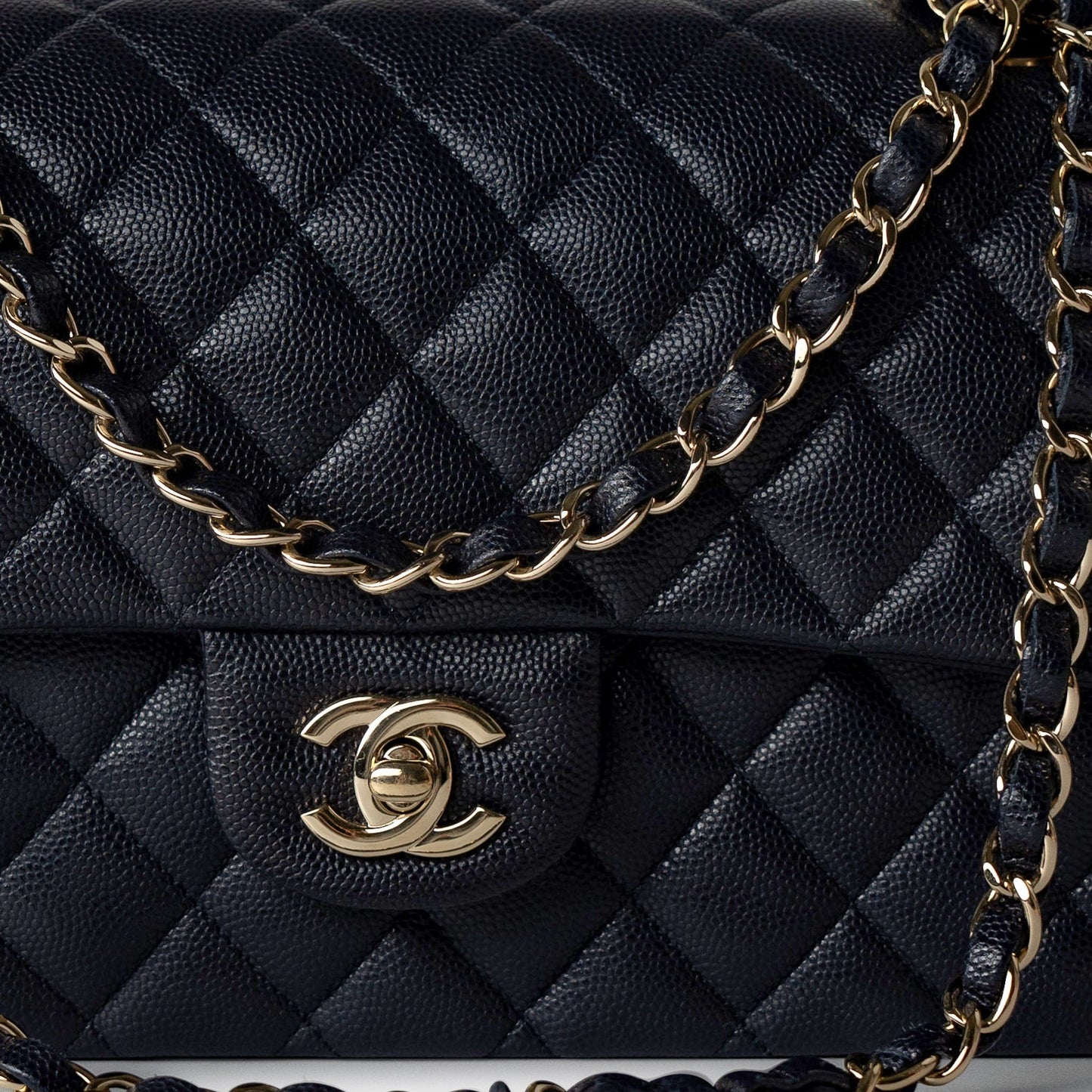 Navy Caviar Quilted Classic Flap Medium Light Gold Hardware