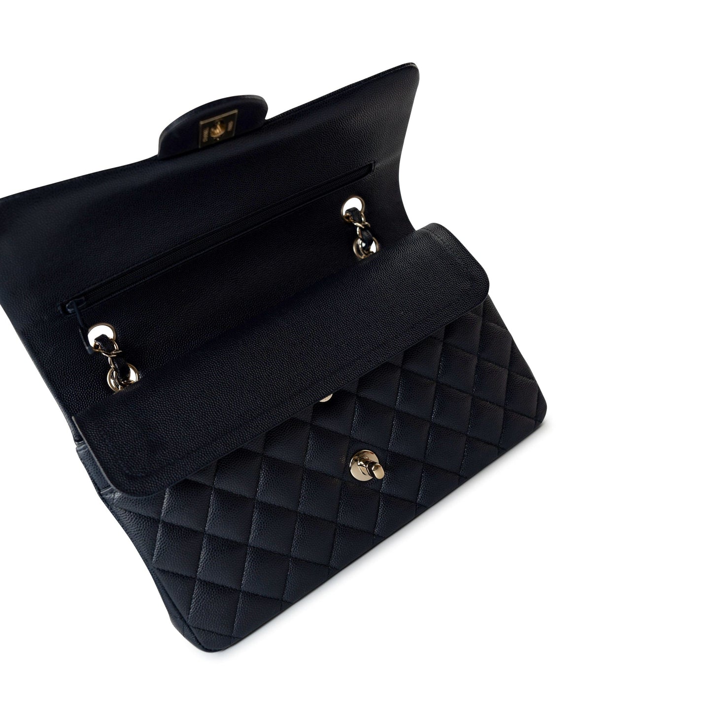 Navy Caviar Quilted Classic Flap Medium Light Gold Hardware