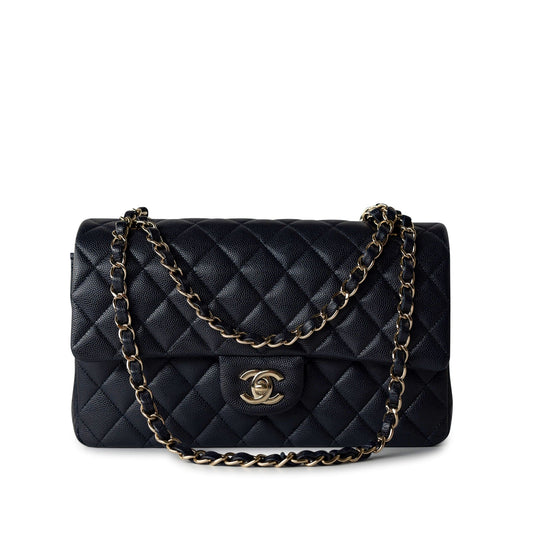 Navy Caviar Quilted Classic Flap Medium Light Gold Hardware