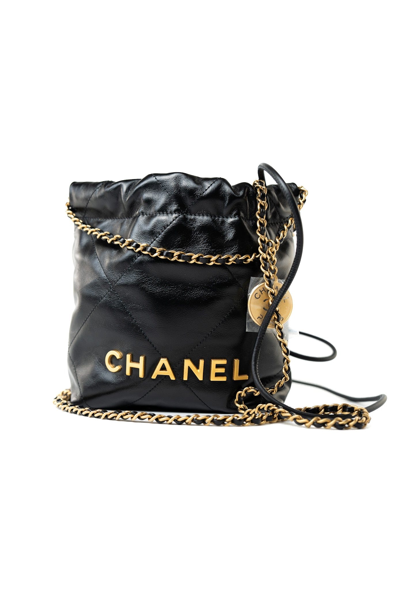 Shiny Black Calfskin Quilted Mini 22 Bag Antique Gold Hardware