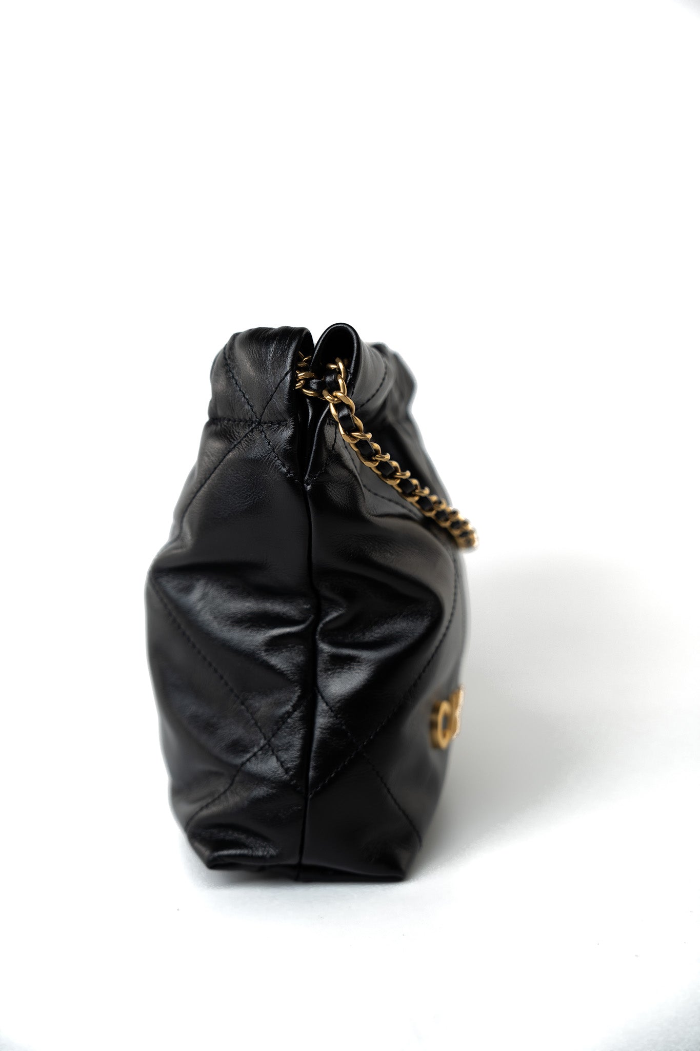 Shiny Black Calfskin Quilted Mini 22 Bag Antique Gold Hardware