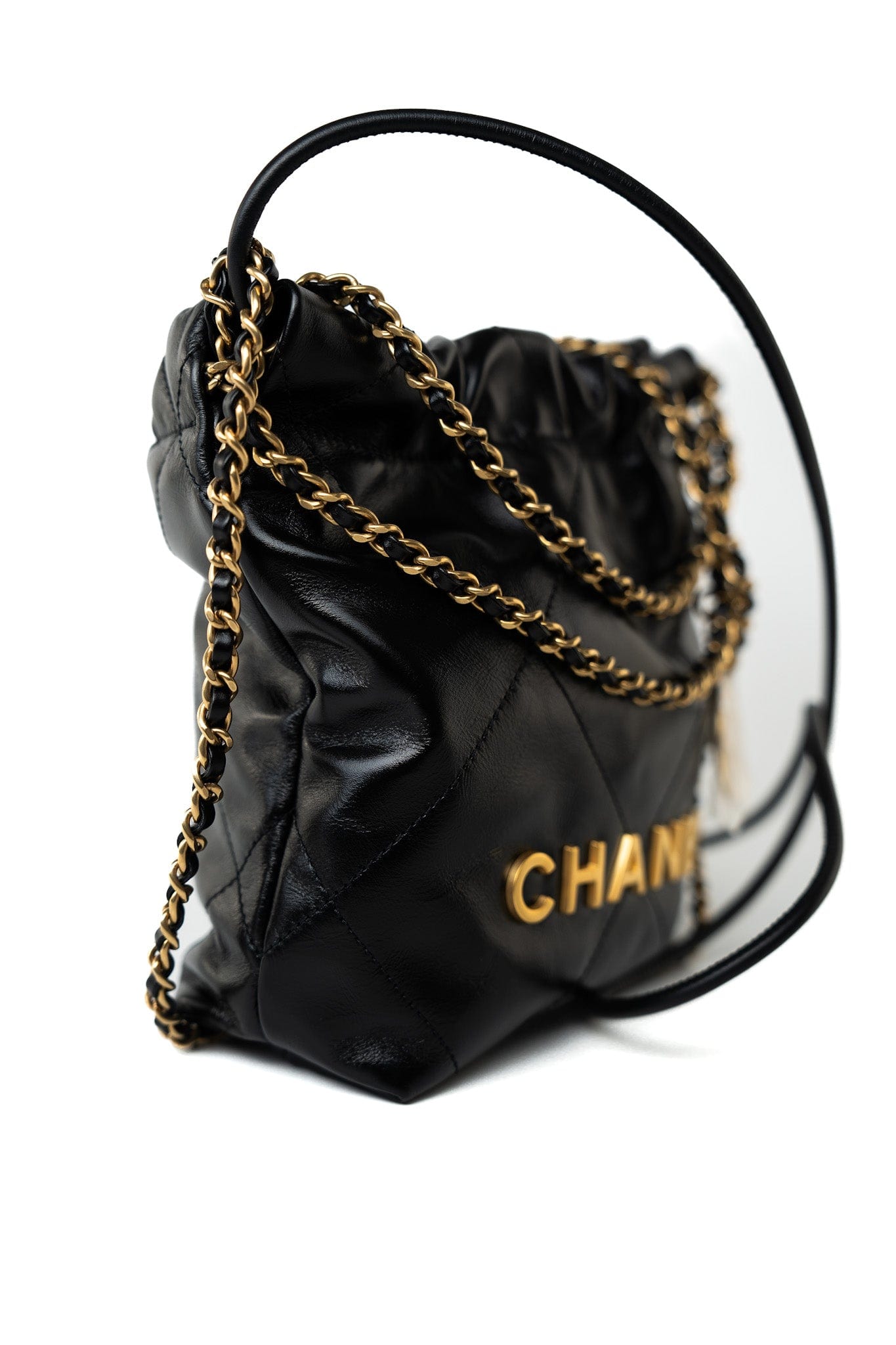 Shiny Black Calfskin Quilted Mini 22 Bag Antique Gold Hardware