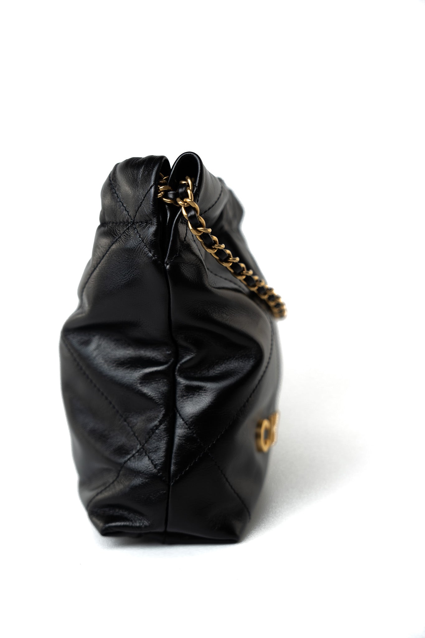 Shiny Black Calfskin Quilted Mini 22 Bag Antique Gold Hardware