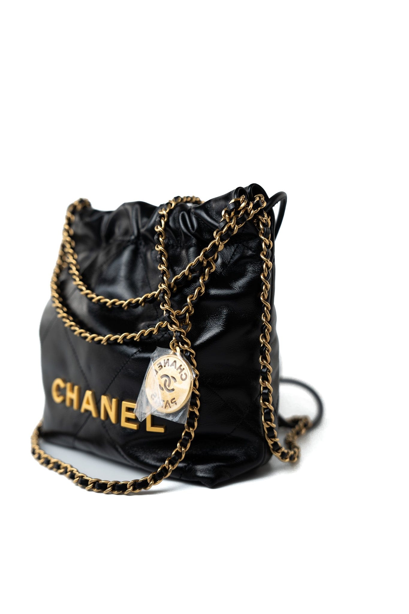 Shiny Black Calfskin Quilted Mini 22 Bag Antique Gold Hardware