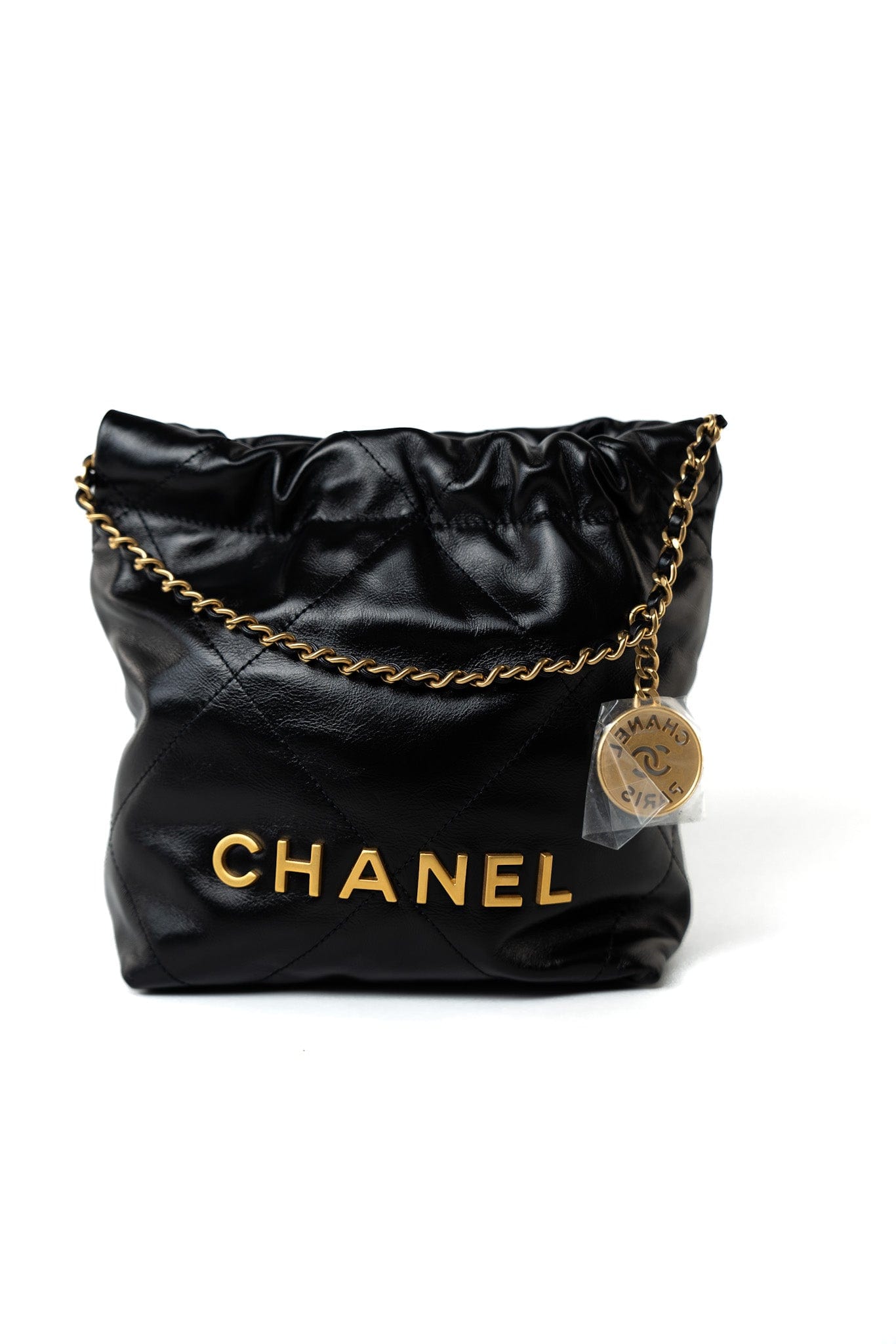 Shiny Black Calfskin Quilted Mini 22 Bag Antique Gold Hardware