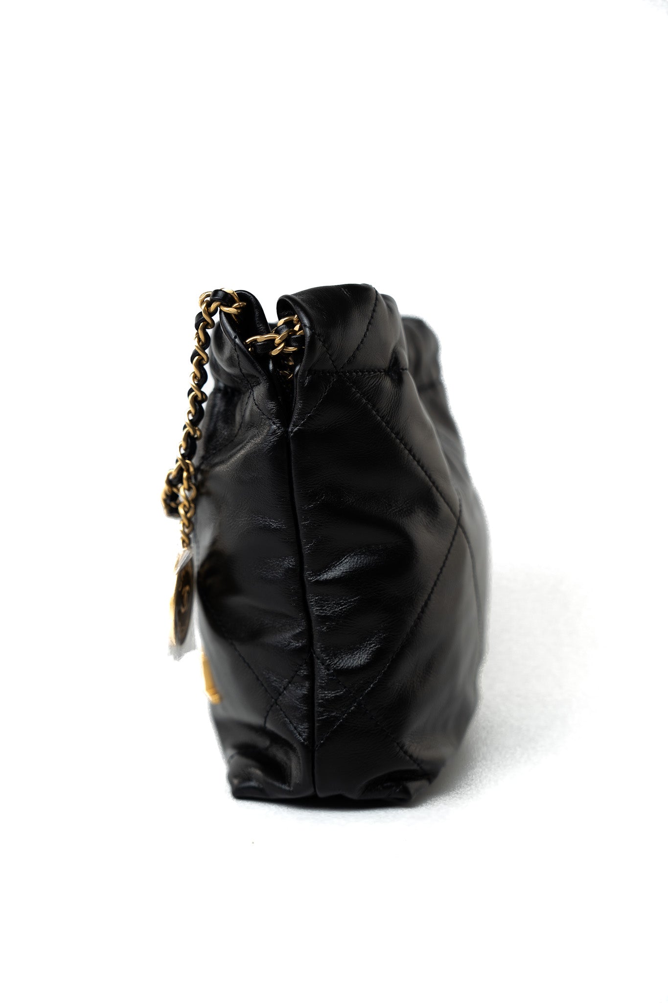 Shiny Black Calfskin Quilted Mini 22 Bag Antique Gold Hardware