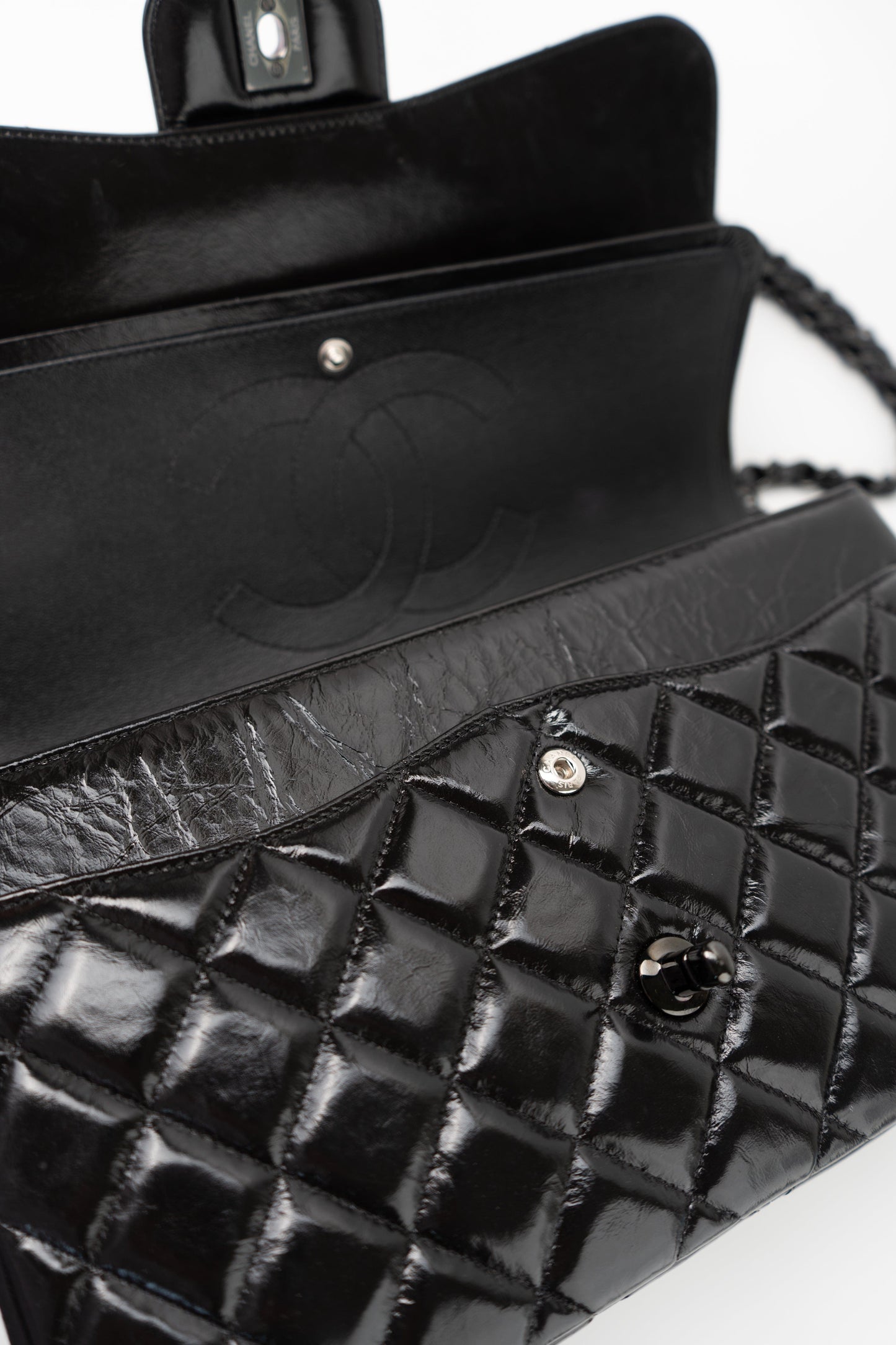 So Black Shiny Crumpled Calfskin Quilted Jumbo Double Flap