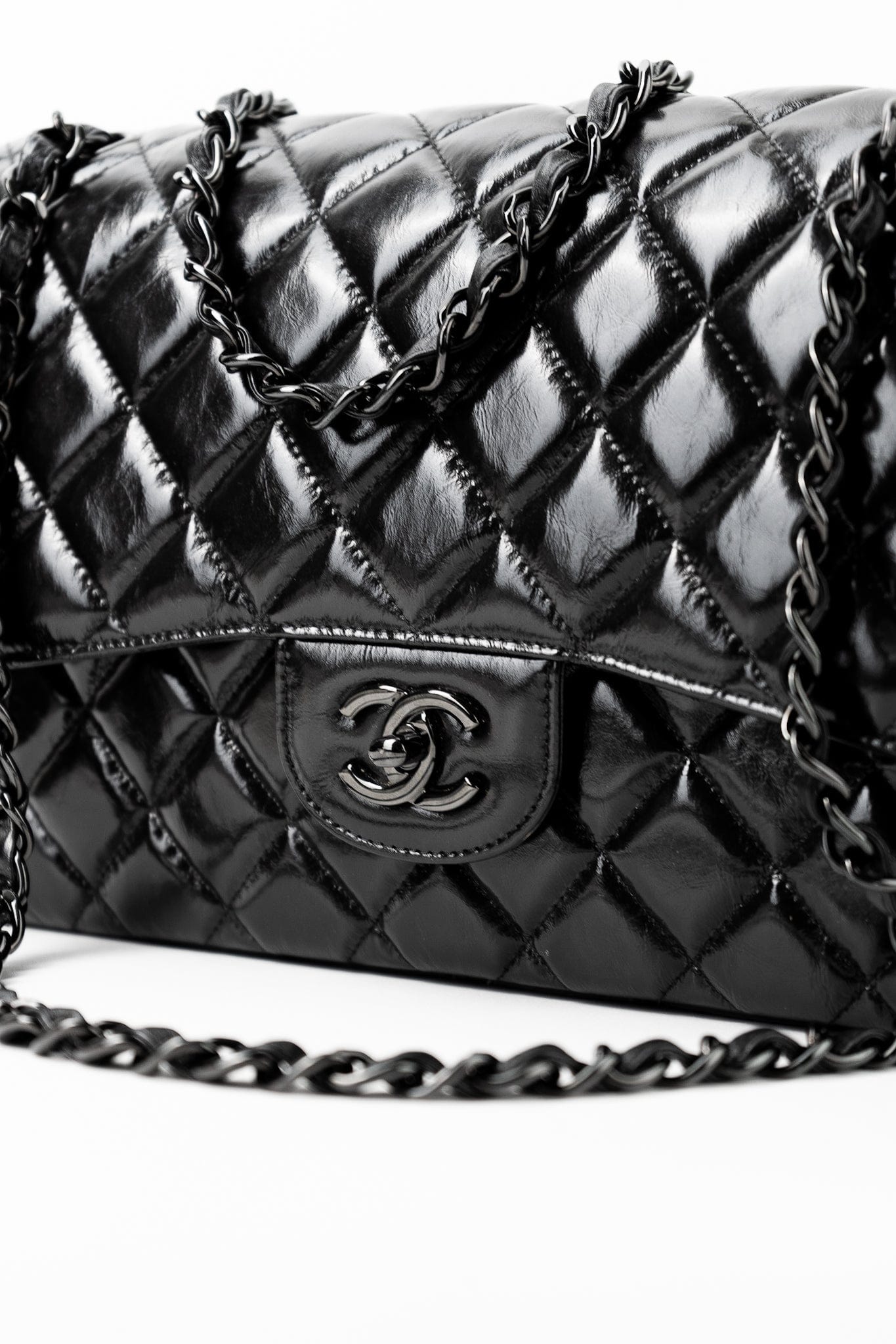 So Black Shiny Crumpled Calfskin Quilted Jumbo Double Flap