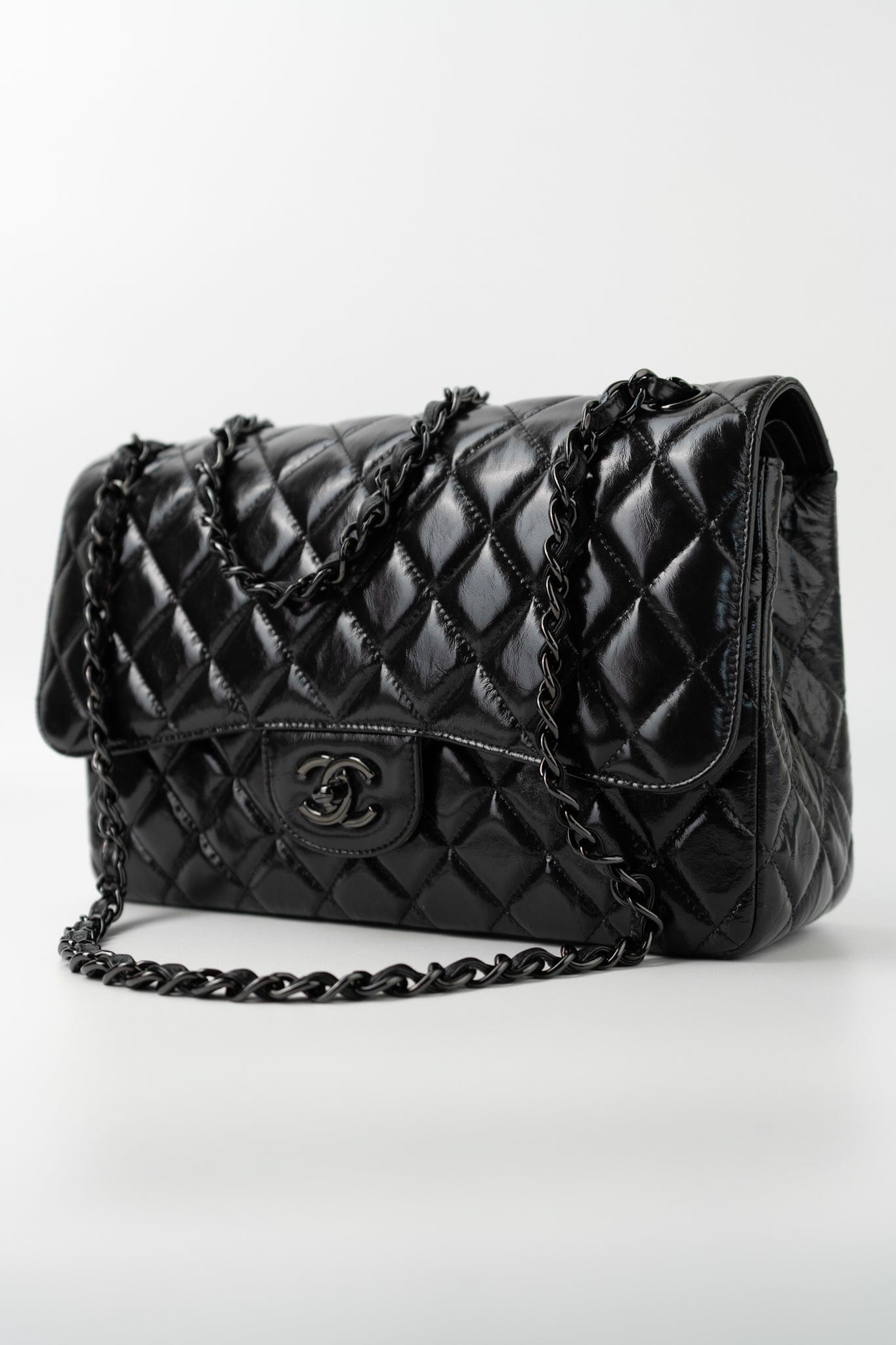 So Black Shiny Crumpled Calfskin Quilted Jumbo Double Flap