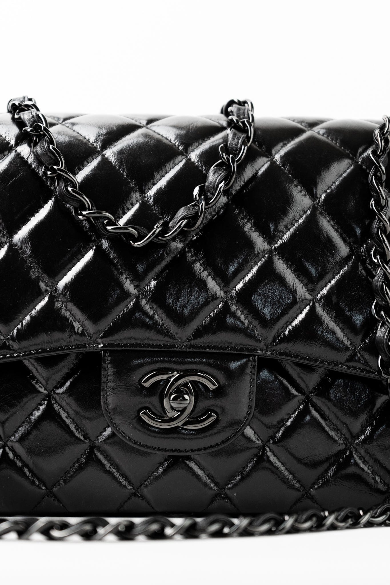 So Black Shiny Crumpled Calfskin Quilted Jumbo Double Flap
