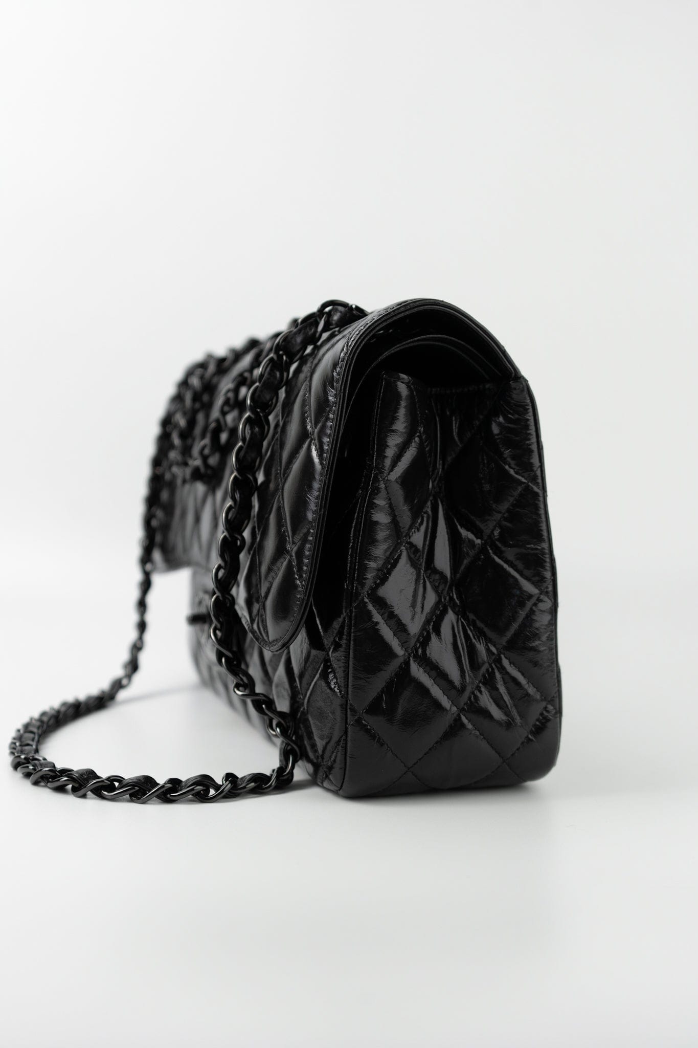 So Black Shiny Crumpled Calfskin Quilted Jumbo Double Flap