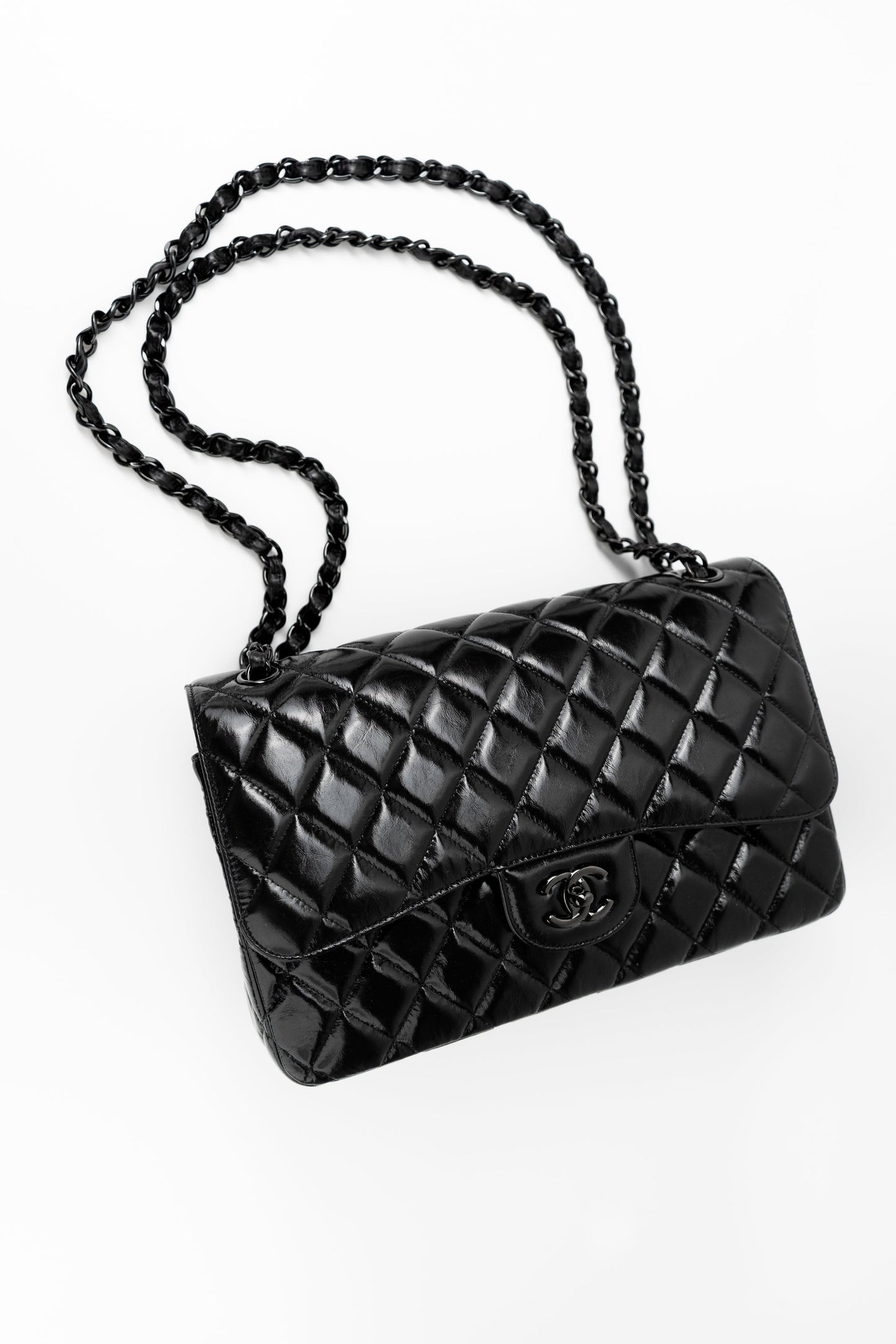 So Black Shiny Crumpled Calfskin Quilted Jumbo Double Flap