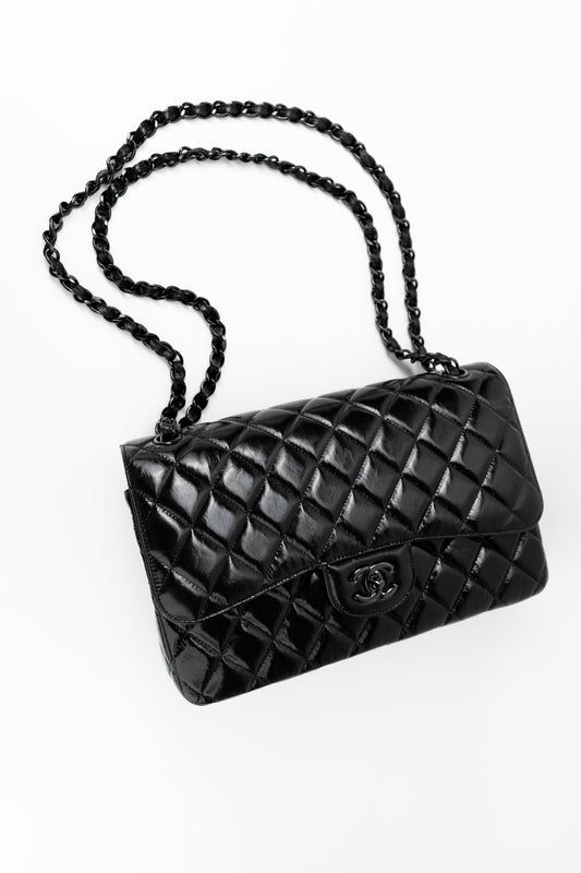 So Black Shiny Crumpled Calfskin Quilted Jumbo Double Flap