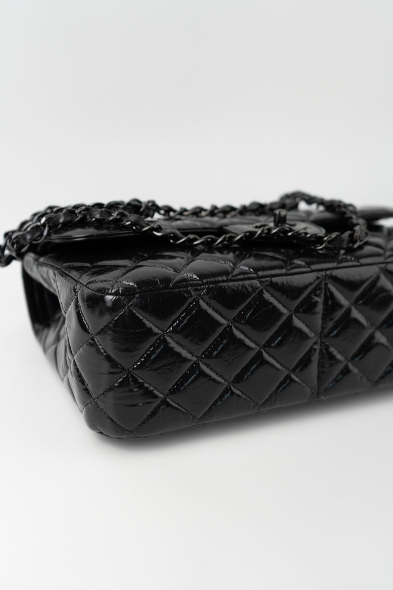 So Black Shiny Crumpled Calfskin Quilted Jumbo Double Flap