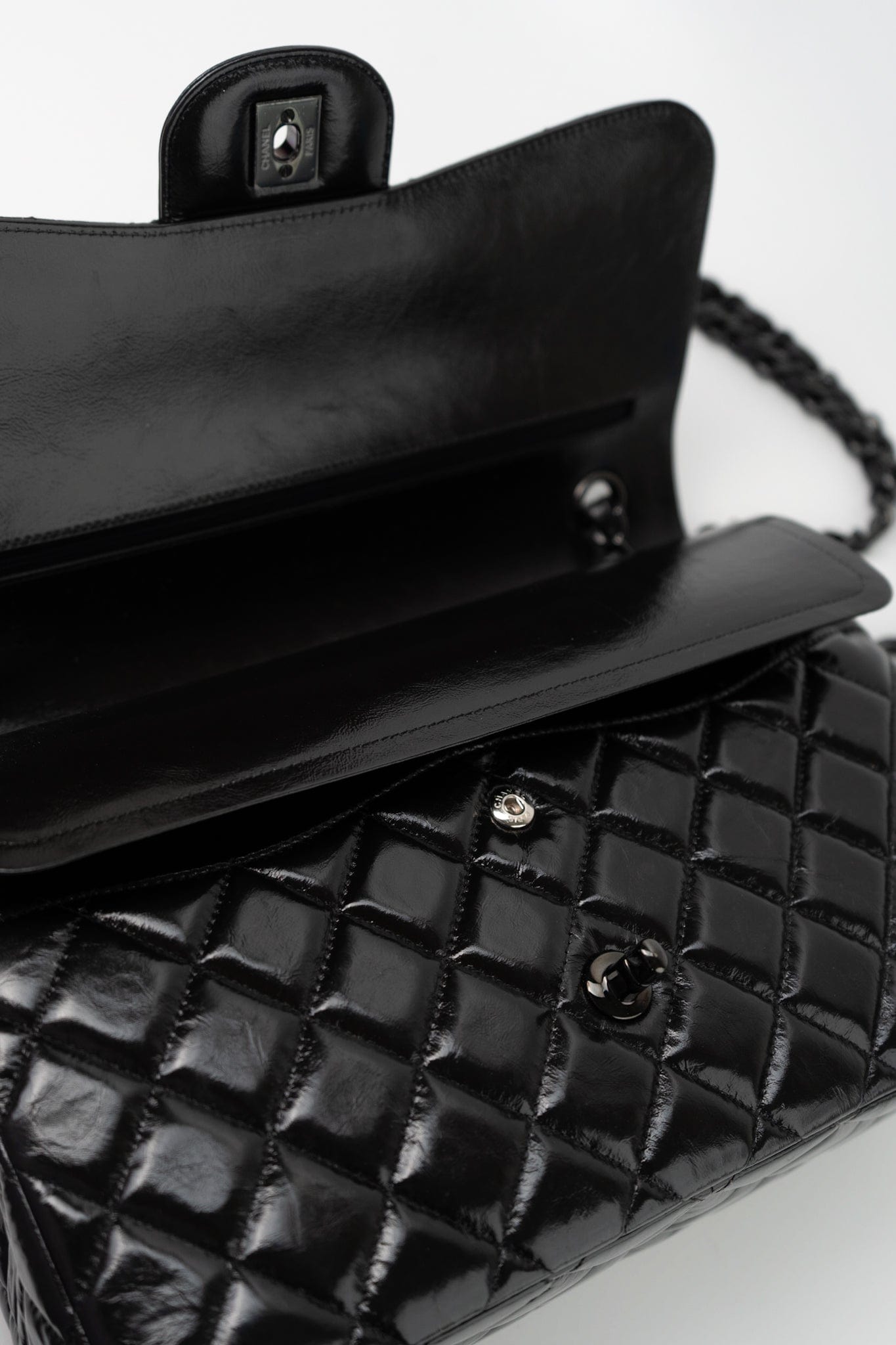 So Black Shiny Crumpled Calfskin Quilted Jumbo Double Flap