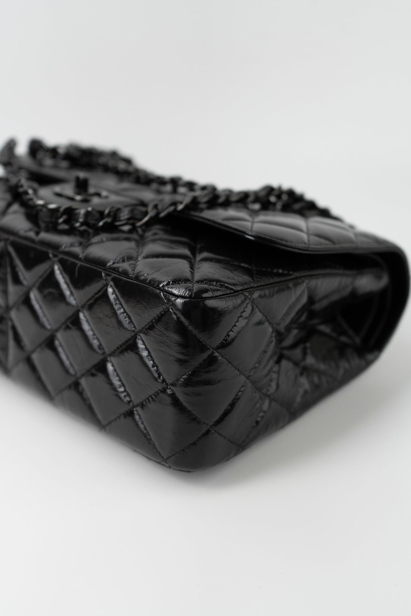 So Black Shiny Crumpled Calfskin Quilted Jumbo Double Flap