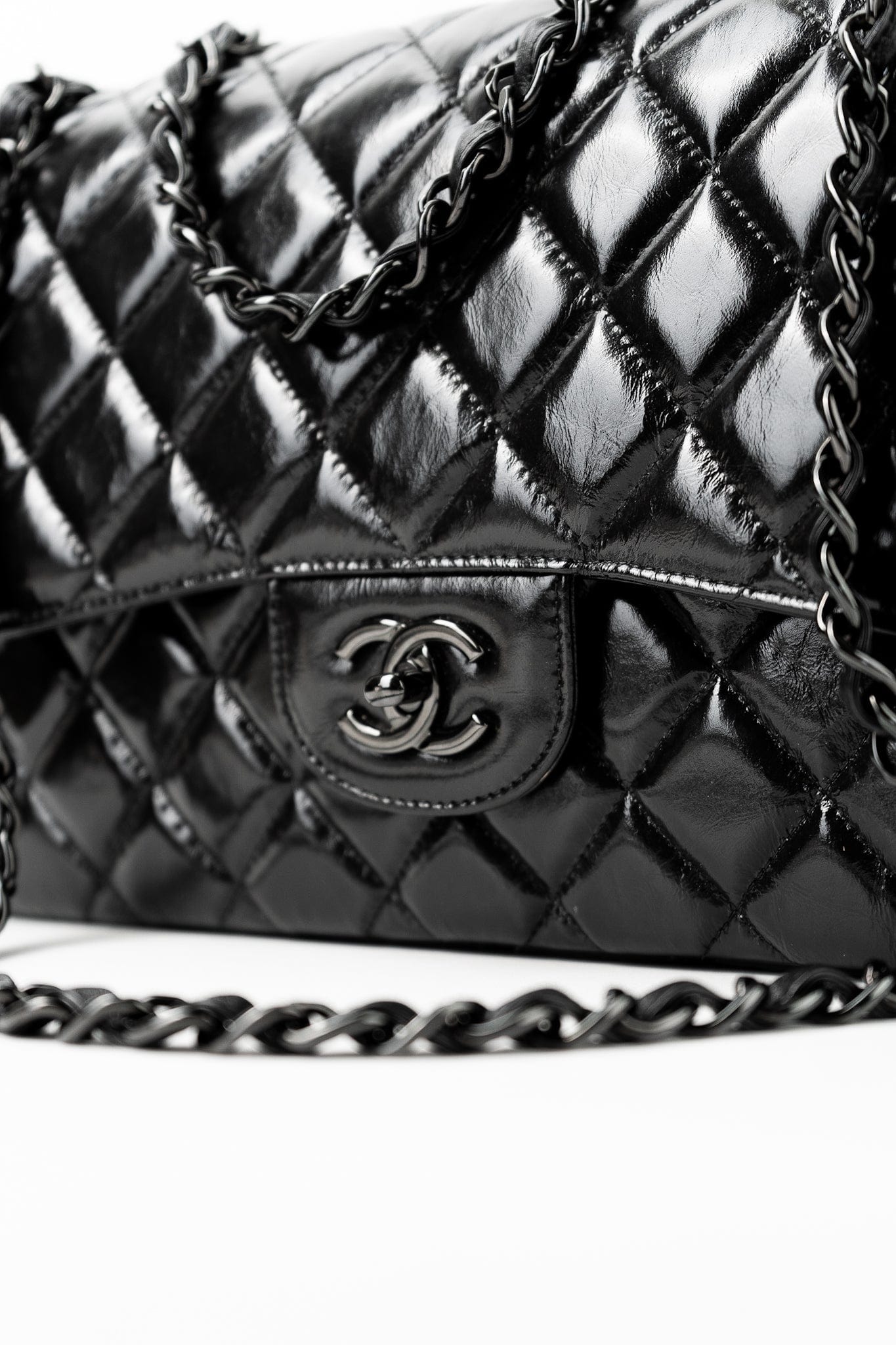 So Black Shiny Crumpled Calfskin Quilted Jumbo Double Flap