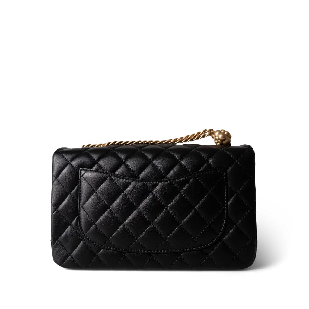 Sweet Camelia Single Flap Black Lambskin Quilted Aged Gold Hardware