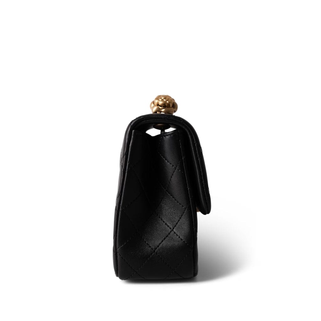 Sweet Camelia Single Flap Black Lambskin Quilted Aged Gold Hardware