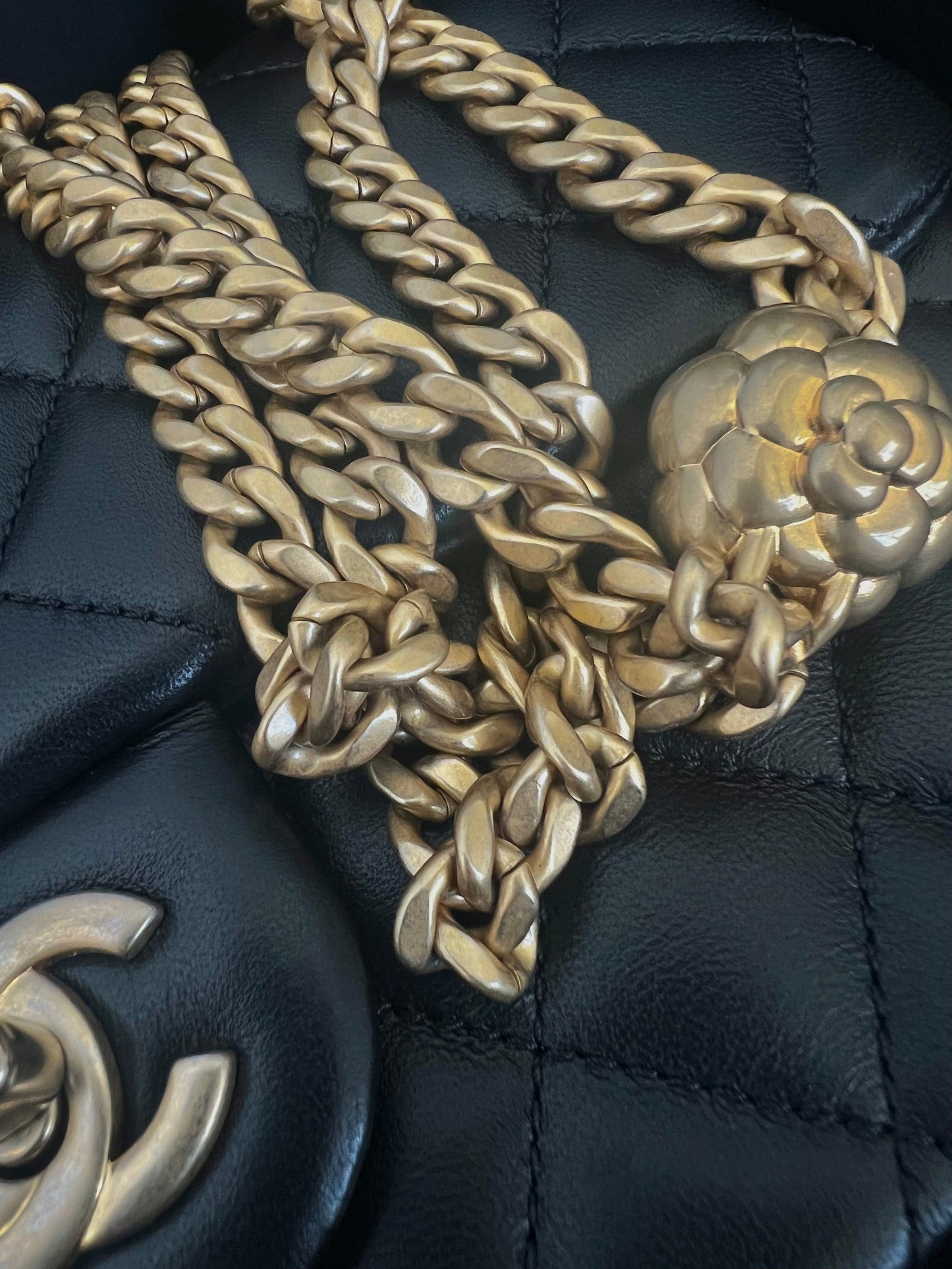 Sweet Camelia Single Flap Black Lambskin Quilted Aged Gold Hardware