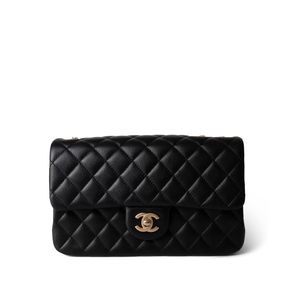 Sweet Camelia Single Flap Black Lambskin Quilted Aged Gold Hardware