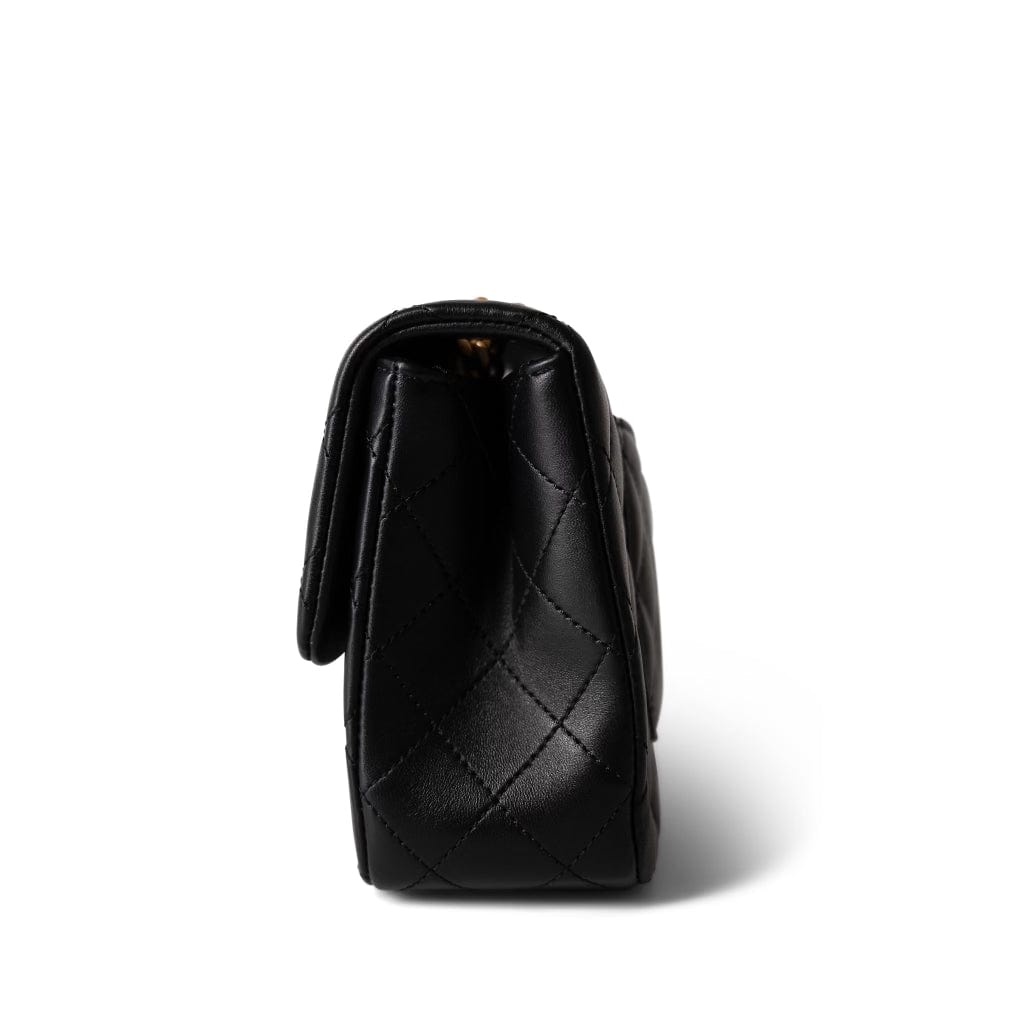Sweet Camelia Single Flap Black Lambskin Quilted Aged Gold Hardware