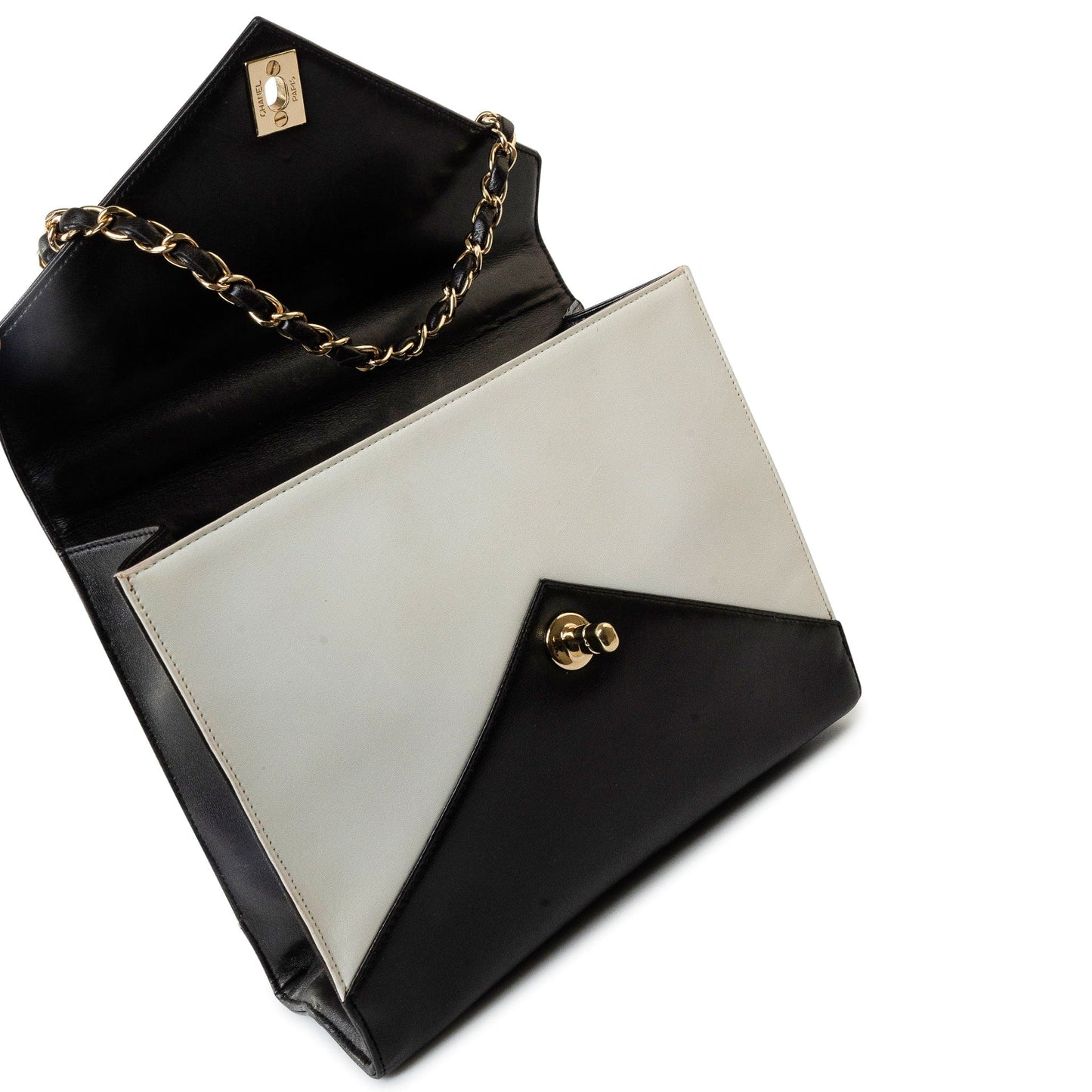 Vintage Black and White Lambskin Envelope Shoulder Bag Gold Hardware