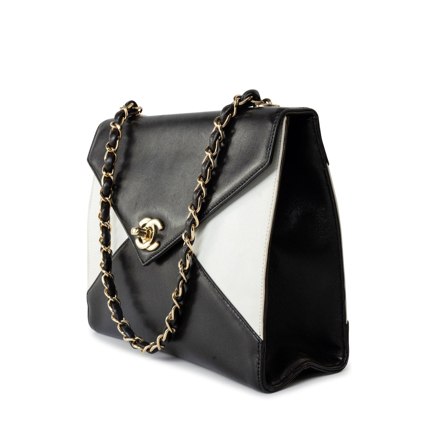 Vintage Black and White Lambskin Envelope Shoulder Bag Gold Hardware