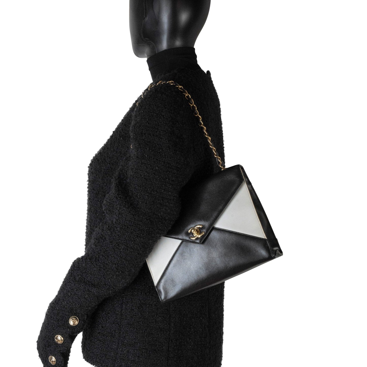 Vintage Black and White Lambskin Envelope Shoulder Bag Gold Hardware