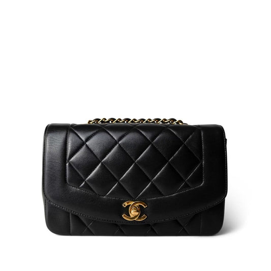 Vintage Black Lambskin Quilted Diana Small Gold Hardware