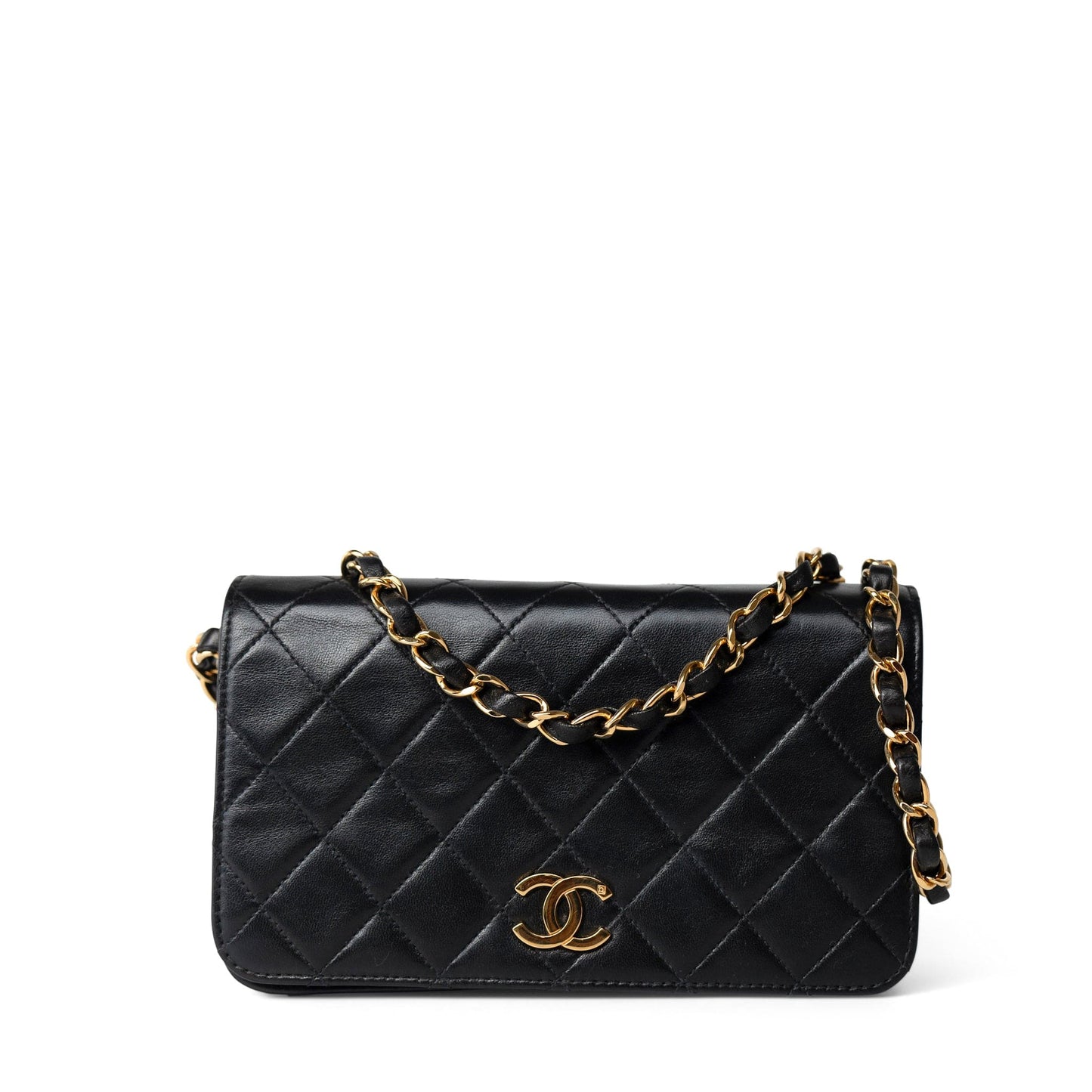 Vintage Black Lambskin Quilted Mini Full Flap Gold Hardware