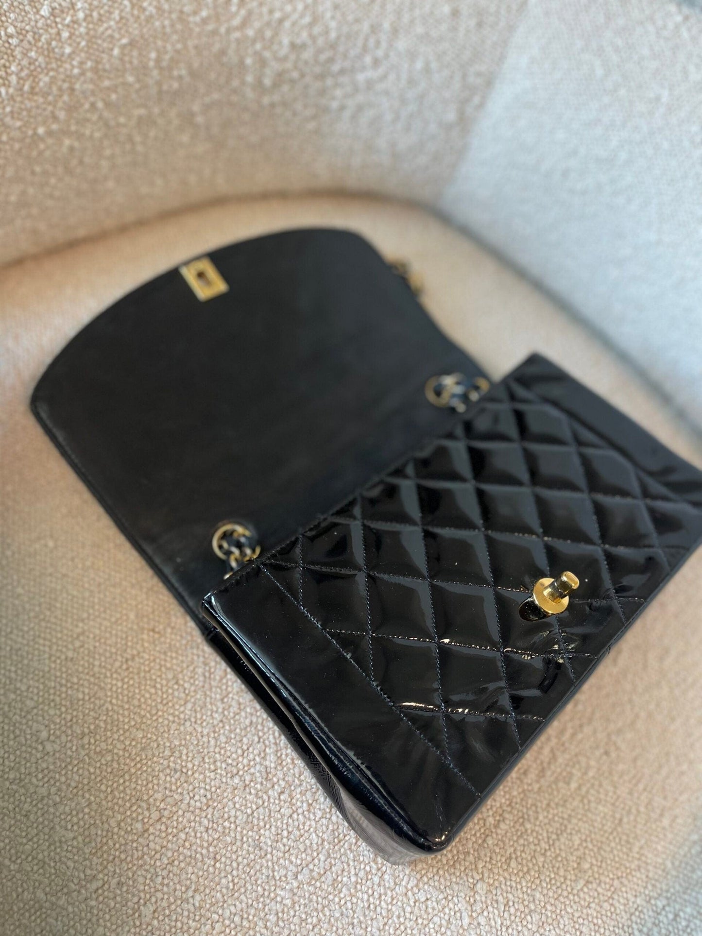 Vintage Black Patent Quilted Diana Flap Medium GHW