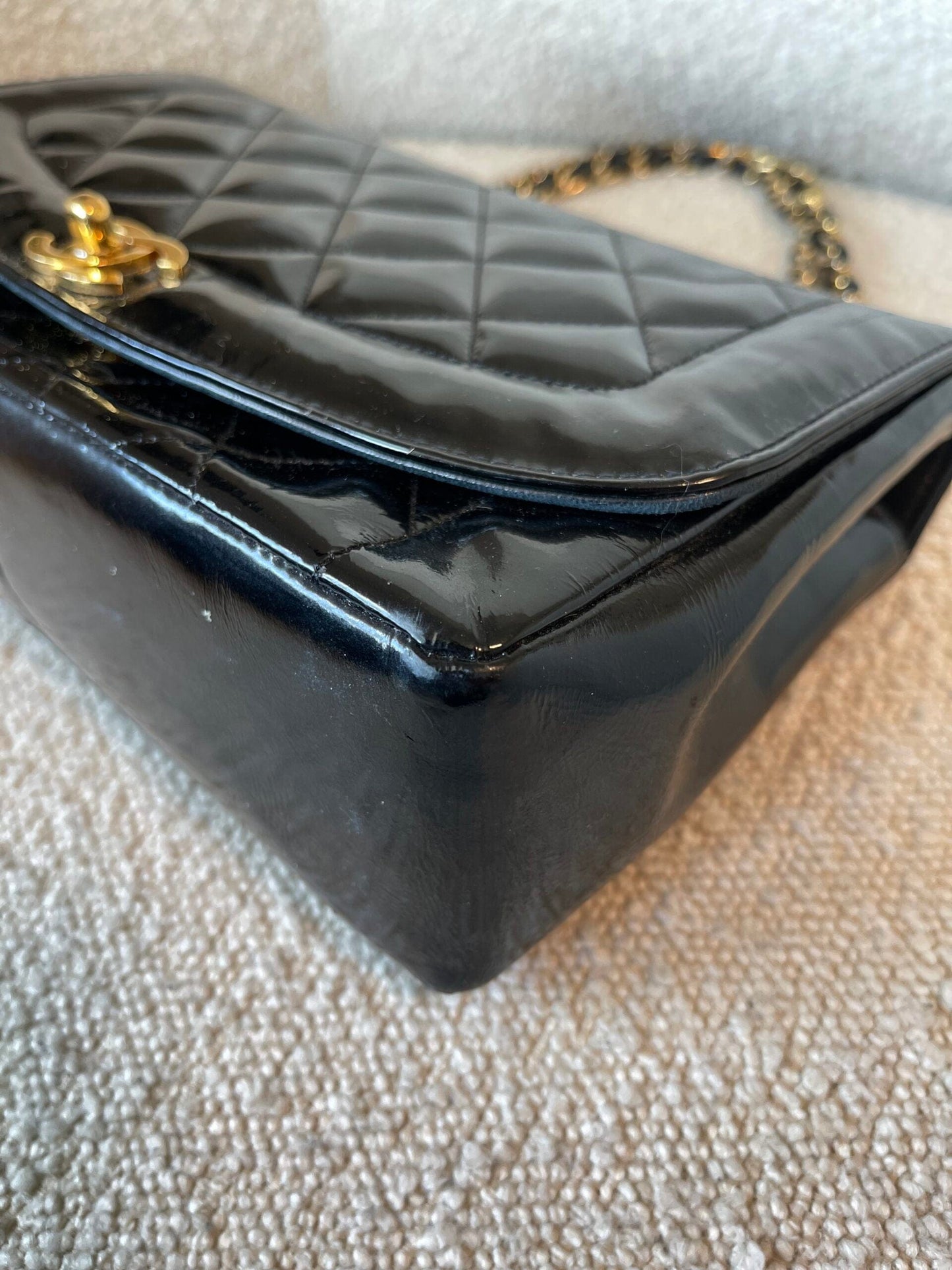 Vintage Black Patent Quilted Diana Flap Medium GHW