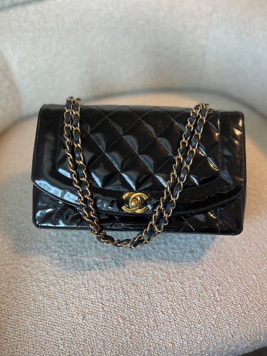 Vintage Black Patent Quilted Diana Flap Medium GHW