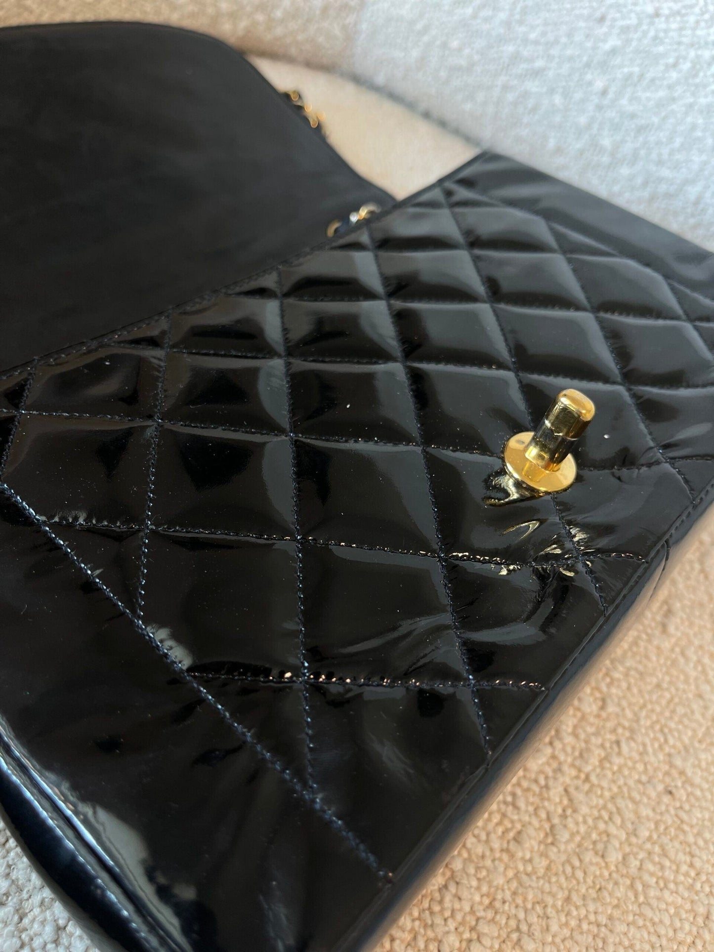 Vintage Black Patent Quilted Diana Flap Medium GHW