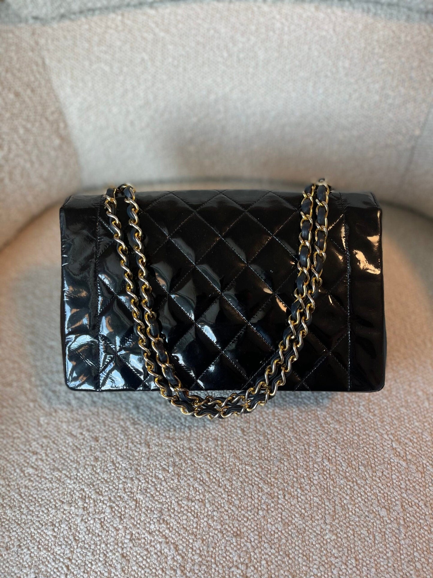 Vintage Black Patent Quilted Diana Flap Medium GHW