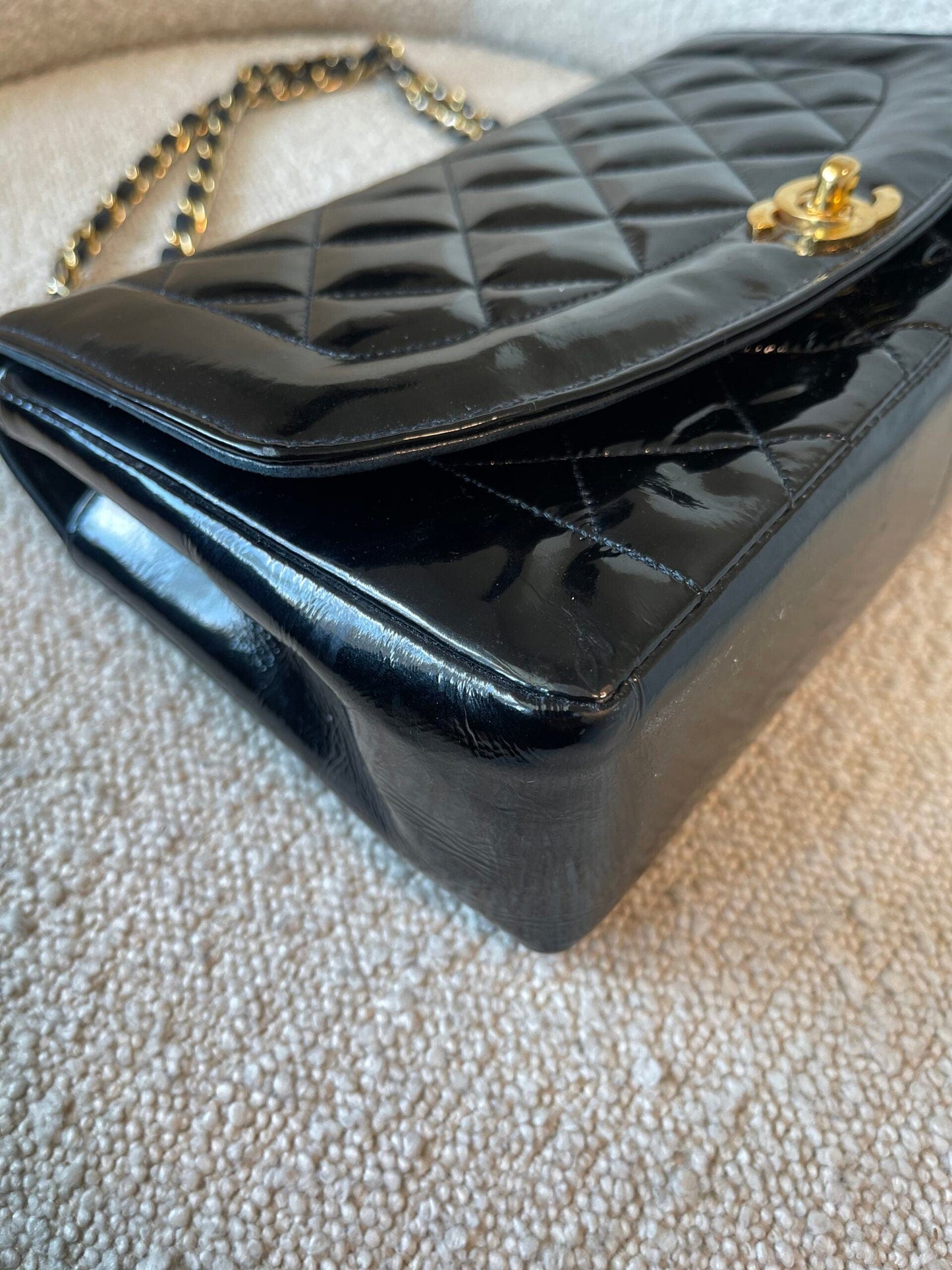 Vintage Black Patent Quilted Diana Flap Medium GHW