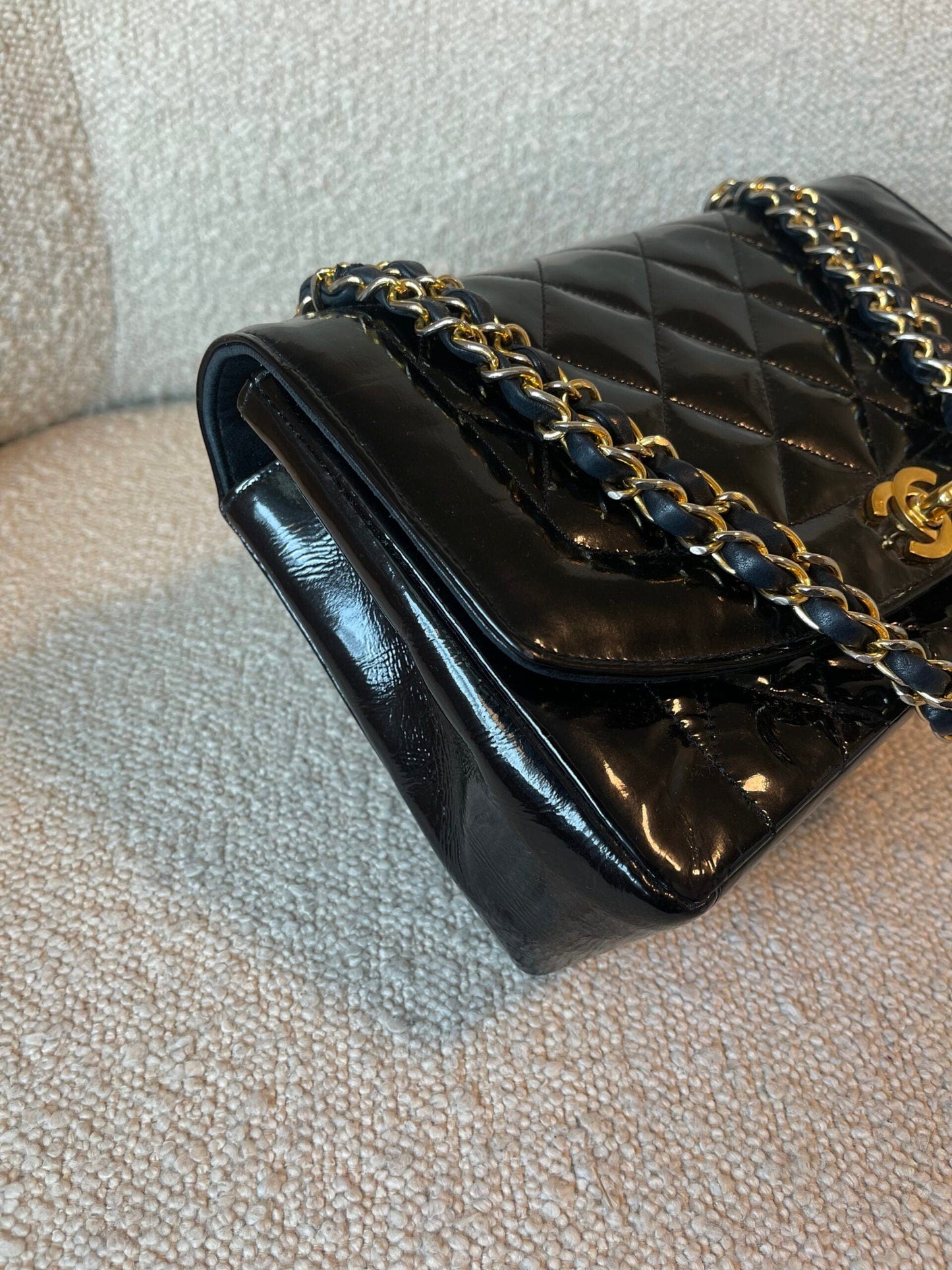 Vintage Black Patent Quilted Diana Flap Medium GHW