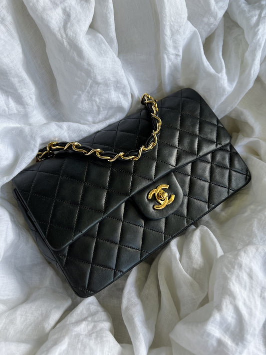 Black Vintage Lambskin Quilted Classic Flap with Handle Medium GHW