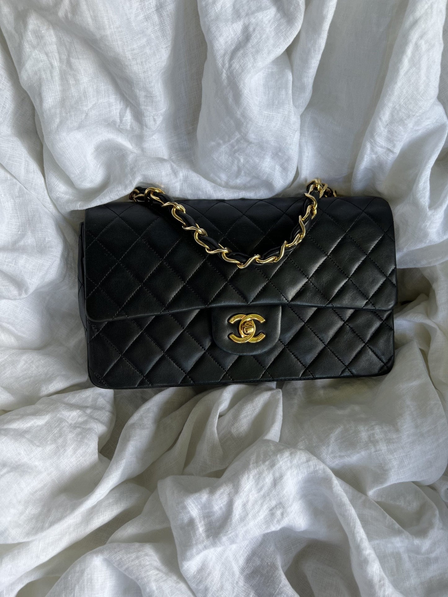 Black Vintage Lambskin Quilted Classic Flap with Handle Medium GHW